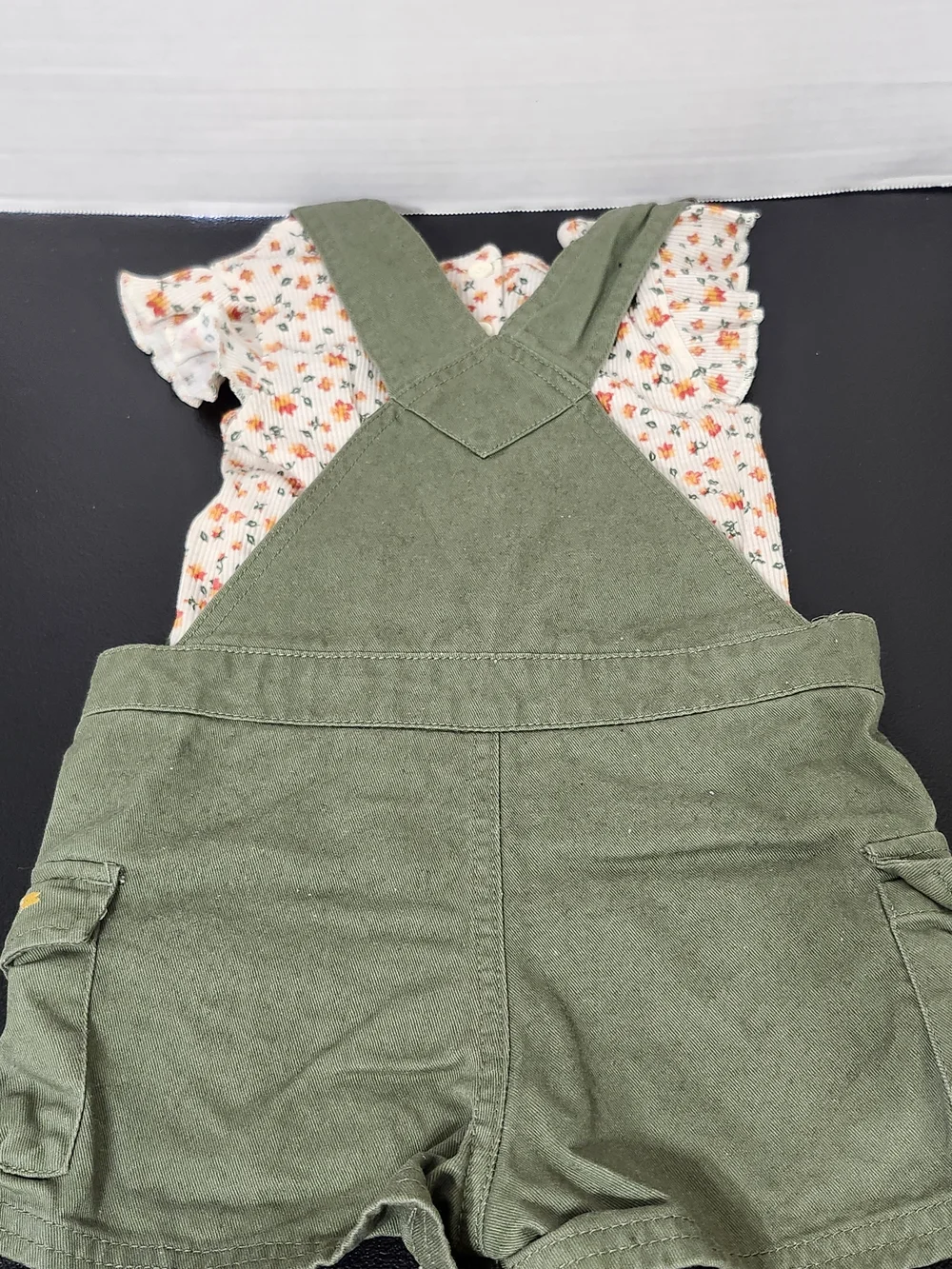 Girls 4 Olive Green Floral Embroidered Overall Shorts Set Shortalls 2 Piece Set - Picture 5 of 10